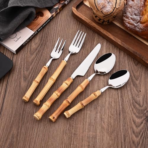 30PCS Silverware Set for 6, Bamboo Handle Flatware Set, Stainless Steel Cutlery Set for Home Restaurant and Party, Bamboo Forks Spoons and Knives Set, Polished Tableware - color: 30-Piece Service for 6