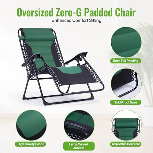 Backyard Expressions Deluxe XL Padded Recliner Zero Gravity Chair – Ergonomic Anti-Gravity Lounger with Folding Design, Side Tray, and Adjustable Headrest - color: Black/Forest Green