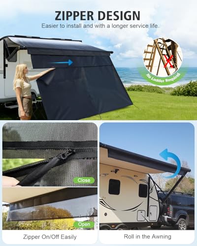 Dulepax RV Awning Sun Shade Screen with Zipper 9'X11'3'' -Second Generation RV Awning Shade Screen Significantly Improves Shadew and Privacy.Universal, Capmer Awning Shade with Complete Kits - color: Black, size: 9'X11'3" Shade Screen for 12 ft Awning