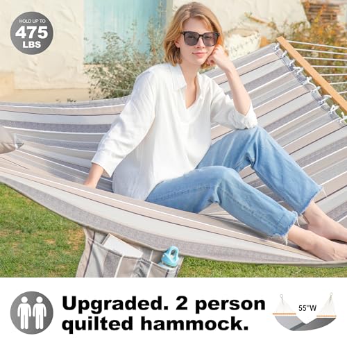 GAFETE Hammock 2 Person Quilted Fabric Hammocks for Outside, Double 12ft Hammocks with Spreader Bar, Large Removable Pillow, Storage Bag, Carabiners, Max 475 lbs Capacity (Peace Dove Grey) - color: Peace Dove Grey