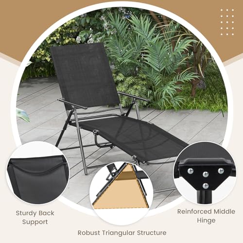 Giantex Lounge Chair Outdoor Set of 2 - Tanning Chair with 6 Adjustable Backrest, 2-Level Footrest, Folding Sunbathing Lounger for Patio, Poolside, Yard, Chaise Lounge Chair, Beach Chair (Black) - color: Black