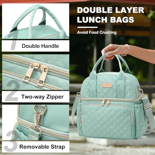 AIJIEKE Large Insulated Lunch Bag for Women, Double Compartment Leakproof Lunch Box for Work Office, Reusable Cooler Tote with Adjustable Strap & Side Pockets for Adults Picnic Beach, Green - color: Green