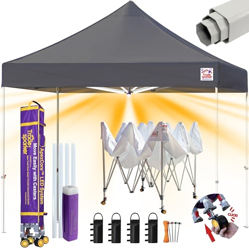 Tradesparker 10x10 Pop Up Canopy Tent,Commercial Movable Canopy with ApexCore LED&Rugged Casters-Instant Easy Setup Shelter Canopies with Weight Bags&Stakes for Outdoor Events Markets Vendors,Grey - color: Gray, size: 10x10