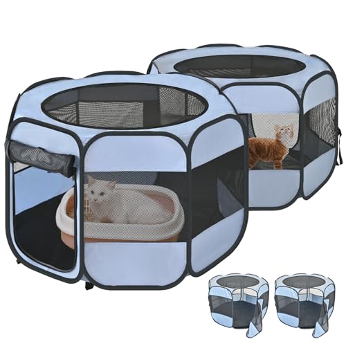 2-in-1 Cat Playpens, Detachable into 2 Separate Playpens with Additional 2 Doors, Portable Dog Playpen Cat Tent Enclosure for Kitten and Puppy Indoor Outdoor Use(S) - color: Grey, size: S, 55.2"L x 27.6"W x 17"H