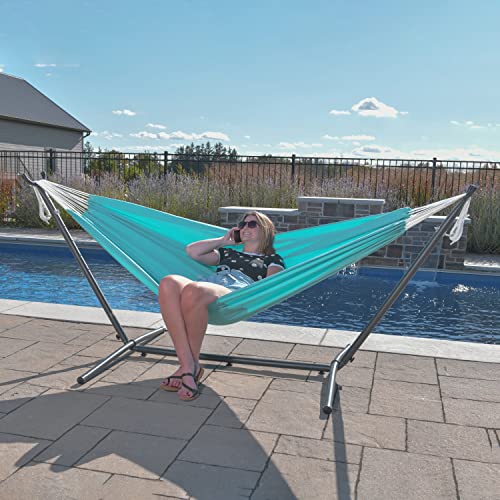 Vivere Double Sunbrella Hammock, Weather-Ready Outdoor Lounger with Space-Saving Steel Stand and Carry Bag, 450 Lb Capacity, 9 Foot, Aruba - color: Aruba