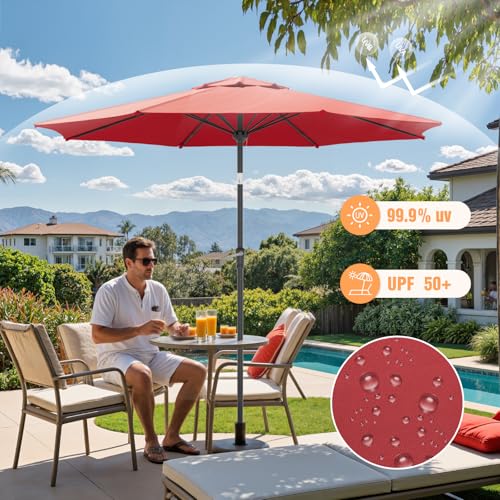 Outdoor Patio Umbrella, Table Umbrella with Push Button Tilt and Crank, 8 Ribs Market Umbrella - color: Red-Fiberglass Ribs, size: 10FT