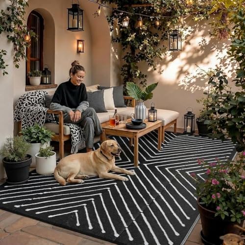 Garvee 5x8 Black and White Striped Outdoor Waterproof Rug Reversible Plastic Straw Patio Mat, Portable RV Camping Rug Quick Dry for Picnic, Beach, Balcony, Deck UV Protected & Lightwight, Black&White - color: Blackwhite, size: 5' x 8' (Rectangular)