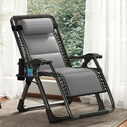 DoCred Zero Gravity Chair, Lawn Recliner, Reclining Patio Lounger Chair, Folding Portable Chaise with Detachable Headrest and Cup Holder Cool Gray - color: Cool Gray, style: Zero Gravity Chair