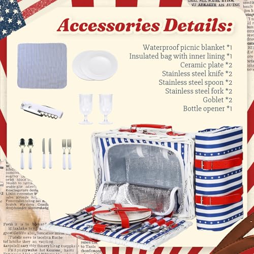 Wicker Picnic Basket for 2 with Waterproof Picnic Blanket and Insulated Bag, Patriotic Red White and Blue Star Pattern for Soccer Game, Camping, Travel, Birthday Gift, Wedding Gift - color: Classic Red White and Blue - 1