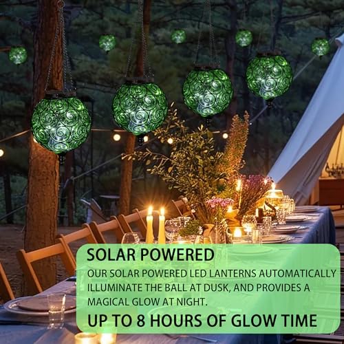 Solar Hanging Lantern Outdoor Garden Lights, Round Glass and Metal Hanging Lantern, 15 Firefly LED Lights, 7 x 20 Inch (Green) - color: Green