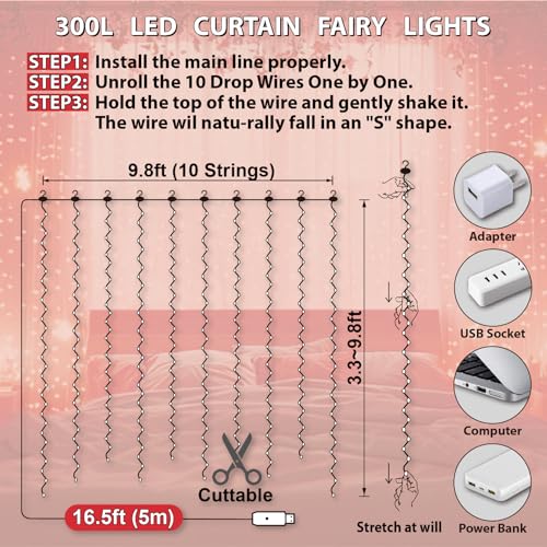 HXWEIYE 300LED Fairy Curtain Lights, 9.8x9.8Ft USB Plug-in 8 Modes Christmas String Hanging Lights with Remote for Bedroom Backdrop Wedding Indoor Wall Decor, Red, Standard – 1 Pack - color: Red, size: Standard – 1 Pack
