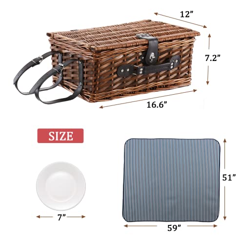 Picnic Basket for 4 with Waterproof Picnic Blanket and Insulated Cooler, Wicker Picnic Set, Willow Hamper for Camping, Outdoors, Photoshoot, or a Birthday, Mother's Day, Wedding Gift, Blue - color: Blue＆white Stripe