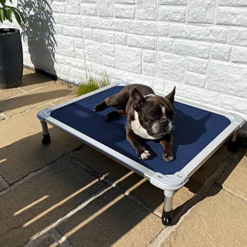 Veehoo Chew Proof Elevated Dog Bed - Cooling Raised Pet Cot - Silver Aluminum Frame and Durable Textilene Mesh Fabric, Unique Designed No-Slip Feet for Indoor or Outdoor Use, Blue, Medium, CWC2003 - color: Blue, size: 32.0"L x 25.0"W x 7.0"Th