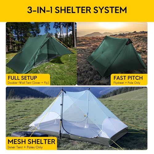 LANSHAN Ultralight Tent 3-Season Backpacking Tent for 1-Person or 2-Person Camping, Trekking, Kayaking, Climbing, Hiking - color: 2-person, dark green