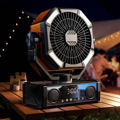 Portable fan rechargeable with 5.3 Bluetooth Speaker, 25000mAh Camping Fan with 5 Speed Touch Control & 3-Mode LED Light, Remote, USB/Type-C Ports, 1-8H Timer for Party, Travel, BBQ, Indoor, Outages - color: Orange