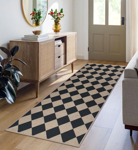 Rugalia Easy Jute Checkered Runner Rug, 2x6 Black Modern Washable Rugs Runner for Hallway Non-Slip Long Kitchen Rug, Geometric Diamond Indoor Outdoor Carpet for Porch Laundry Entryway - color: Black Checkered, size: 2' x 6' (Runner)