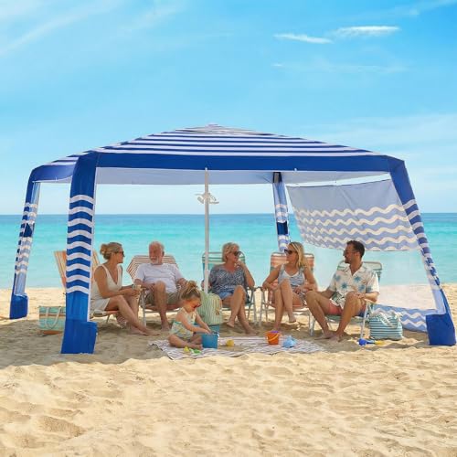 Zeraty Beach Cabana 8'×8', Portable Beach Canopy with Side Wall, UPF 50+ Silver-Coated Beach Tent Sun Shelter, Wind Resistant Adjustable Altitude Beach Umbrella Tent for Family, Navy Blue - color: Navy Blue