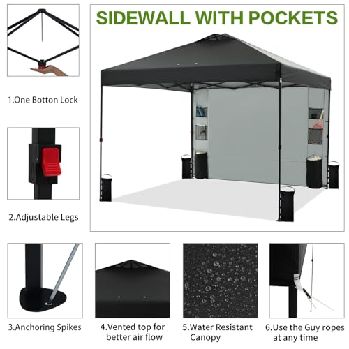 Tunbne 10'x10' Pop Up Canopy Tent with 1 Sidewall and 6 Pockets, One Push Setup, Instant Shade Tent with Vented Roof for Beach Patio Outdoor, Case, 8 Stakes, 4 Ropes, 4 Sandbags (Black, 10x10) - color: Black, size: 10x10