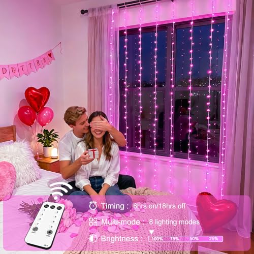 JMEXSUSS 300 LED Curtain Lights Plug in with Remote, Pink String Lights for Bedroom, Christmas, Window, Wall, Party, Teen, Girls' Room, Dorm, Valentine's Day Indoor Outdoor Decor, 9.8X9.8ft - color: Pink, size: 300 LED