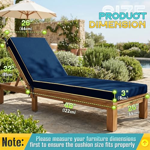 Outdoor Chaise Lounge Cushions 2 Pack, Patio Lounge Chair Pads with Removable Washable Cover, Quick Dry Foam Cushions for Pool, Lawn, Deck(2, Blue（80X26X3in）) - color: Blue（80x26x3in）
