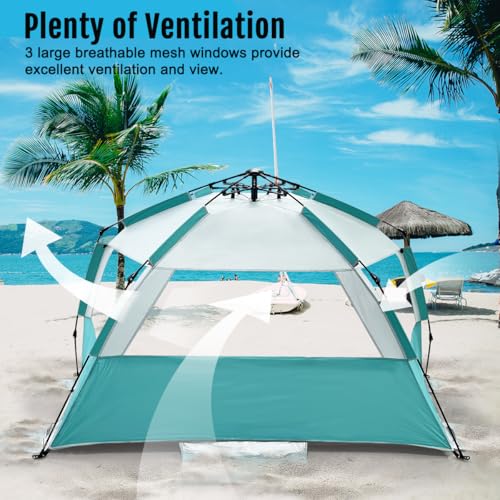 WhiteFang Deluxe Pop Up Beach Tent Sun Shade Shelter for 3-4/5-6 Person, UV Protection, Extendable Floor with 3 Ventilating Windows Plus Carrying Bag, Stakes, and Guy Lines - color: Mint Beige, size: X-Large