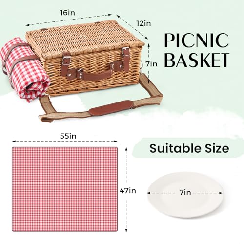 Willow Picnic Basket Set for 4 with Large Insulated Bag and Waterproof Picnic Blanket，Utensils, Glasses, Wicker Picnic Hamper for Camping,Outdoor,Birthday, Valentine, Red - color: Red With Blanket, size: For 4 Persons