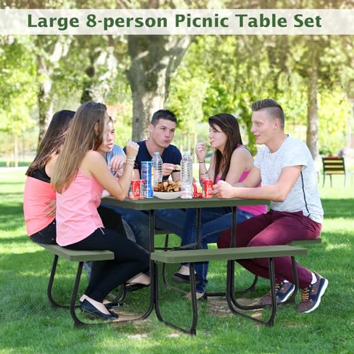 Giantex Picnic Table Set for 8 Persons, Outdoor Table and Bench with Umbrella Hole, HDPE Top & Metal Frame, 500LBS Capacity, Square Patio Table Bench for Deck Backyard Garden (Green) - color: Green, size: Square-35"x35"x30"