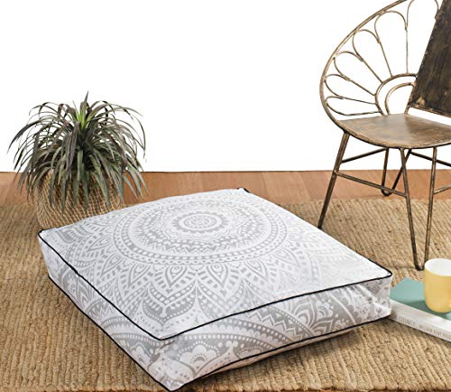 Popular Handicrafts Floor Pillow Cushion Cover - Hippie Mandala Square Ottoman Pouf Cover Indian Ombre Daybed Cotton Cushion Cover with Heavy Duty Zipper - Dog-Pets Bed, 22" Silver - color: Silver_s, style: 22 Inchx 22 Inch Square Pillow cover
