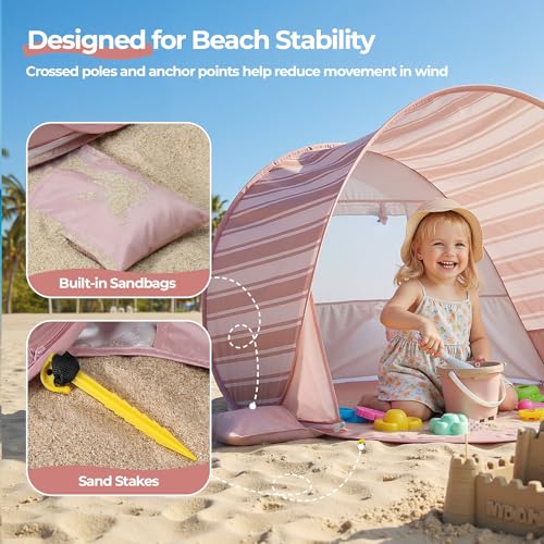 Pop Up Baby Beach Tent - Baby Tent for Toddler Beach Essentials with UPF 50+ UV Protection Canopy, Portable 41.4 x 35.5 x 31.5 in Sun Shade Summer Outdoor for Infants (Pink Stripes) - color: Pink Stripes