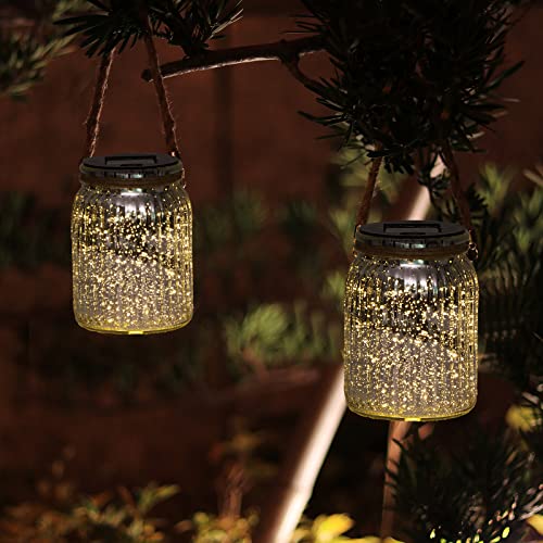 Hanging Solar Lantern Outdoor,Solar Lights Mercury Mason Jar Glass Hanging Lights with 20 LED Waterproof for Tree, Table, Yard, Garden, Patio, Holiday Party Outdoor Decor,2 Pack - style: Warm light