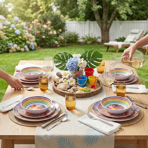 12 Piece Melamine Plates and Bowls Set - Beach Sunset Melamine Dinnerware Set for 4，Unbreakable Dishes Set，Stackable Lightweight Plates & Bowls for Indoor & Outdoor Use，Tropical Sunset - color: Sunset Beach