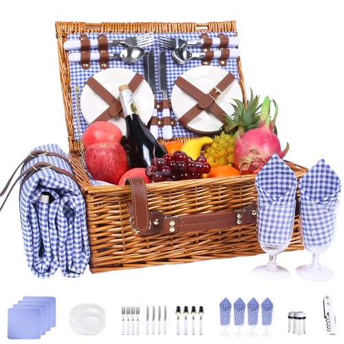 Neti Neti Wicker Picnic Basket for 4 with Insulated Cooler & Waterproof Blanket – Large Willow Picnic Hamper for Outdoor, Camping, Beach, Romantic Dates, Valentine’s Day - color: Blue Plaid