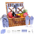 Neti Neti Wicker Picnic Basket for 4 with Insulated Cooler & Waterproof Blanket – Large Willow Picnic Hamper for Outdoor, Camping, Beach, Romantic Dates, Valentine’s Day - color: Blue Plaid
