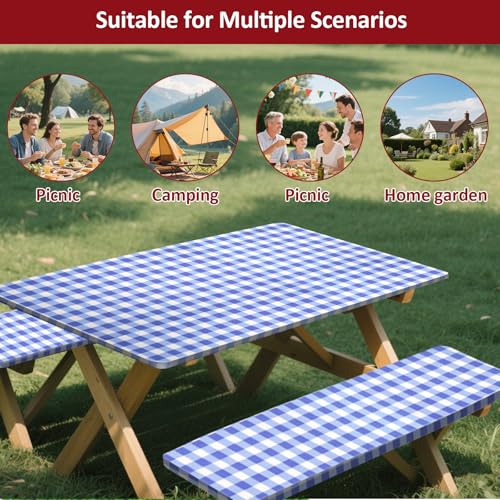 6ft Picnic Table and Bench Cover, Camping Essentials RV Gear, 72in Waterproof Windproof Outdoor Elastic All Around Tablecloth, Fitted Rectangle Tables and Seats, Blue-White Checkered - color: Blue-white Checkered, size: 72"
