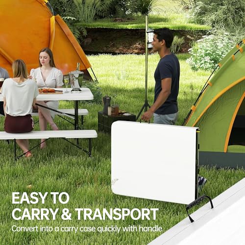 Real Relax 6' Picnic Table with 2 Benches, 3 Piece White Portable HDPE Folding Camping Table and Benches for Courtyard, Garden, Outdoor Leisure, Party - color: White