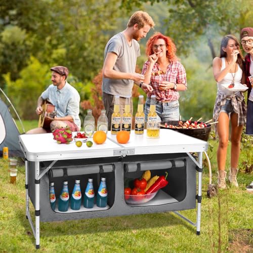 Camp Field Camping Folding Aluminum Table with Adjustable Legs for Outdoor Travel Beach, Backyards, BBQ, Party and Picnic Foldable Table - color: White