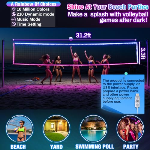LED Professional Volleyball Net with Steel Cable 31.2x3.3ft Portable Light up Volleyball Net Outdoor with Remote Control Glow in The Dark for Backyard Beach Pool Game Outdoor