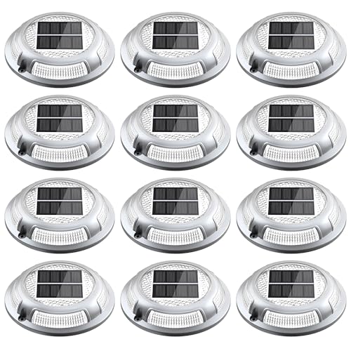 Solar Driveway Lights, 12 Pack Heavy Duty Driveway Lights Solar Powered 2 Color Mode (Cool/Warm White) IP68 Waterproof Outdoor Solar Deck Lights with Ground Stake for Pathway Garden Yard Walkway Dock - color: Cool White & Warm White, size: 12 Pack