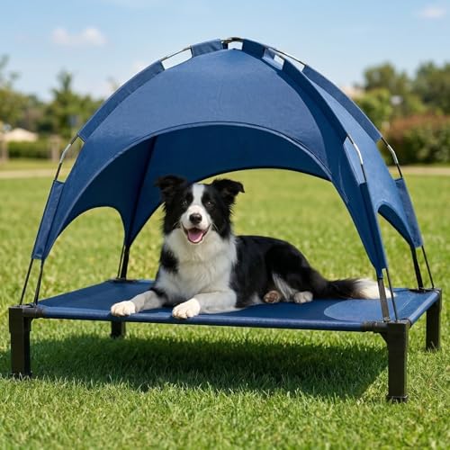 Elevated Dog Bed with Canopy Raised Pet Cot for Large Dogs, Outdoor Dog Cot with Removable Sun Shade Tent, Breathable Mesh Portable Dogs Cot for Camping, Beach, Backyard, Outdoor Use - color: Blue, size: 42.1"l X 31"w X 37"h