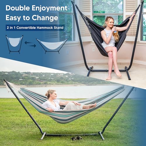 SUNCREAT 2-in-1 Convertible Backyard Fabric Hammock with Stand, Large Hammocks for Outside, Green & Orange - color: A-green & Orange