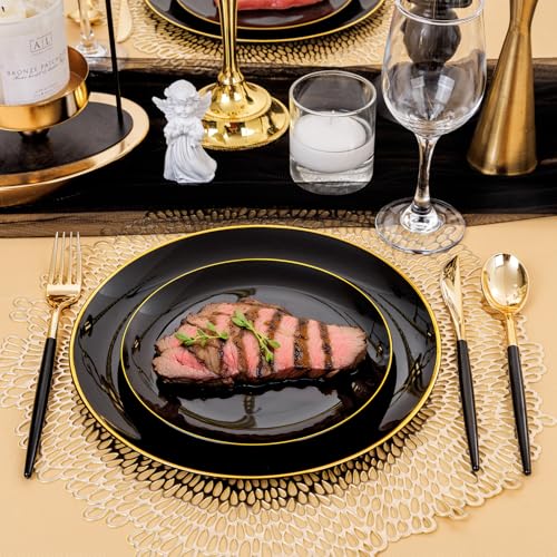 150pcs Black Plastic Plates, Black and Gold Plates,Gold Plastic Silverware,Black and Gold Dinnerware Set,Premiun Taleware,Perfect for Birthday,Party,Wedding,Anniversary - color: 150pcs Black and Gold Plastic Dinnerware Set