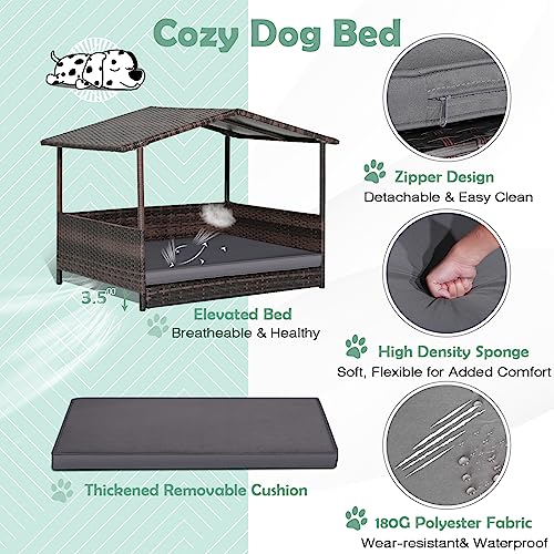 Wicker Dog Bed House, Indoor Outdoor HDPE Rattan Dog Houses, Raised Dog Cot Pet House, Elevated Pets Sofa w/Washable Cover, Waterproof Roof Shelter, Removable Cushion Lounge - style: Grey