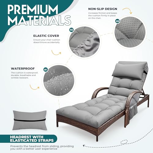 Outdoor Chaise Lounge Chair Cushion, Waterproof Outdoor Chair Cushions for Patio Furniture, 71 x 21 x 4 Inches Replacement Chaise Lounge Cushion with Ties (Grey) - color: Grey
