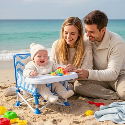 Tiny Marvels 3-in-1 Portable Baby Chair, Foldable Booster Seat with Removable Tray, Safety Harness & Carry Bag for Dining, Travel, Camping, Beach, 6M-3Y (Big Waive) - color: Big Waive