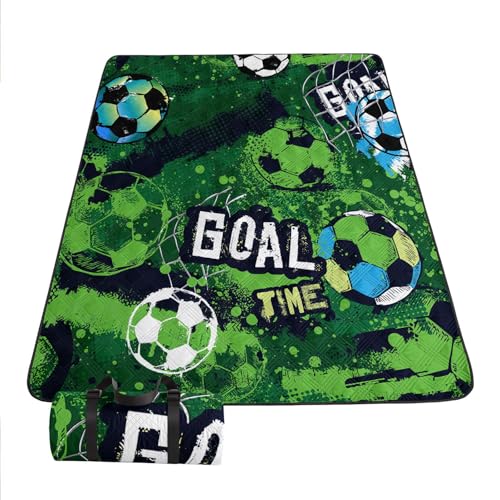 Outdoor Picnic Blanket Portable Ultrasonic Waterproof Picnic Cartoon Soccer Green Printed Camping Beach Mat for Sand and Wet Grass Hiking (Cartoon Soccer L - color: Cartoon Soccer, size: Extra Long - 78"x78"