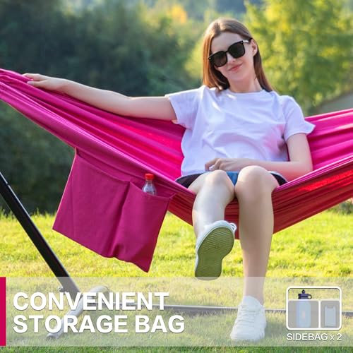 PNAEUT Double Hammocks with Stand for Outside, Portable Space Saving Heavy-Duty Steel Stand for Indoor Outdoor Patio with Carrying Bag, 450 lbs Capacity (Rose Pink) - color: Rose Pink