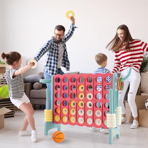 Costzon Giant 4-in-A-Row, Jumbo 4-to-Score Giant Game w/Basketball Hoop, Ring Toss, Quick-Release Slider, 42 Jumbo Rings, Indoor Outdoor Family Connect Game for Kids & Adults, Backyard Games - color: Red/Aqua