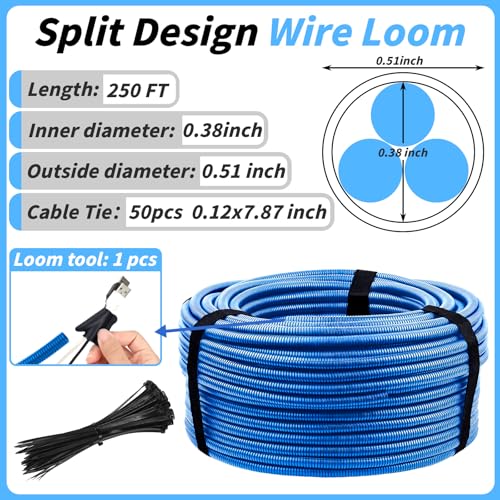 250FT Blue Split Wire Loom Tubing, 1/2 Inch Wire Protector Tubing, Automotive Wire Flexible Conduit Cord Covers with Installation Tool 50 Cable Ties for Marine Agriculture Electrical Cable Protection - color: Blue, size: 1/2in x 250ft