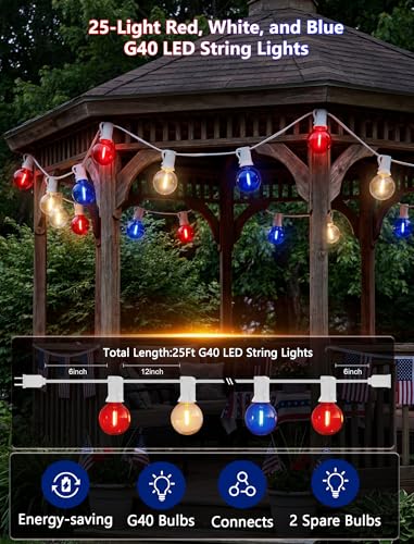 4th of July G40 LED Red White and Blue Lights, 25ft Outdoor String lights, Hanging Patio Lights with 27 Shatterproof Round Bulbs, Independence Day Decoration Warm White for Patriotic Party Garden - color: Red White Blue, size: 25Ft