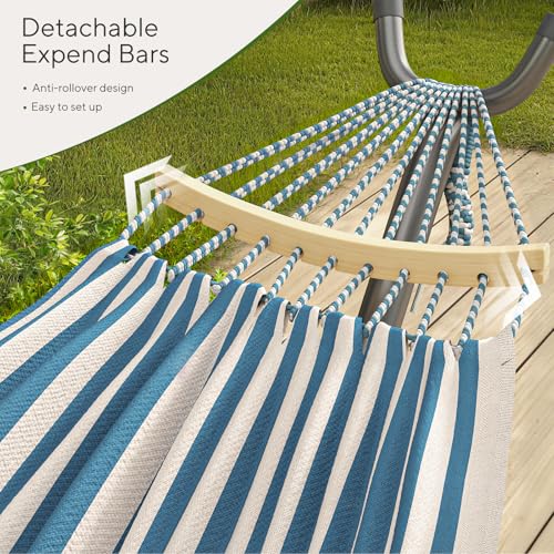 600lbs Hammock with Stand for Outside, 2 Person Portable Hammock with Side Storage, Carrying Bag, Expend Wooden Bar for Outdoor or Indoor (Blue White) - color: Blue White